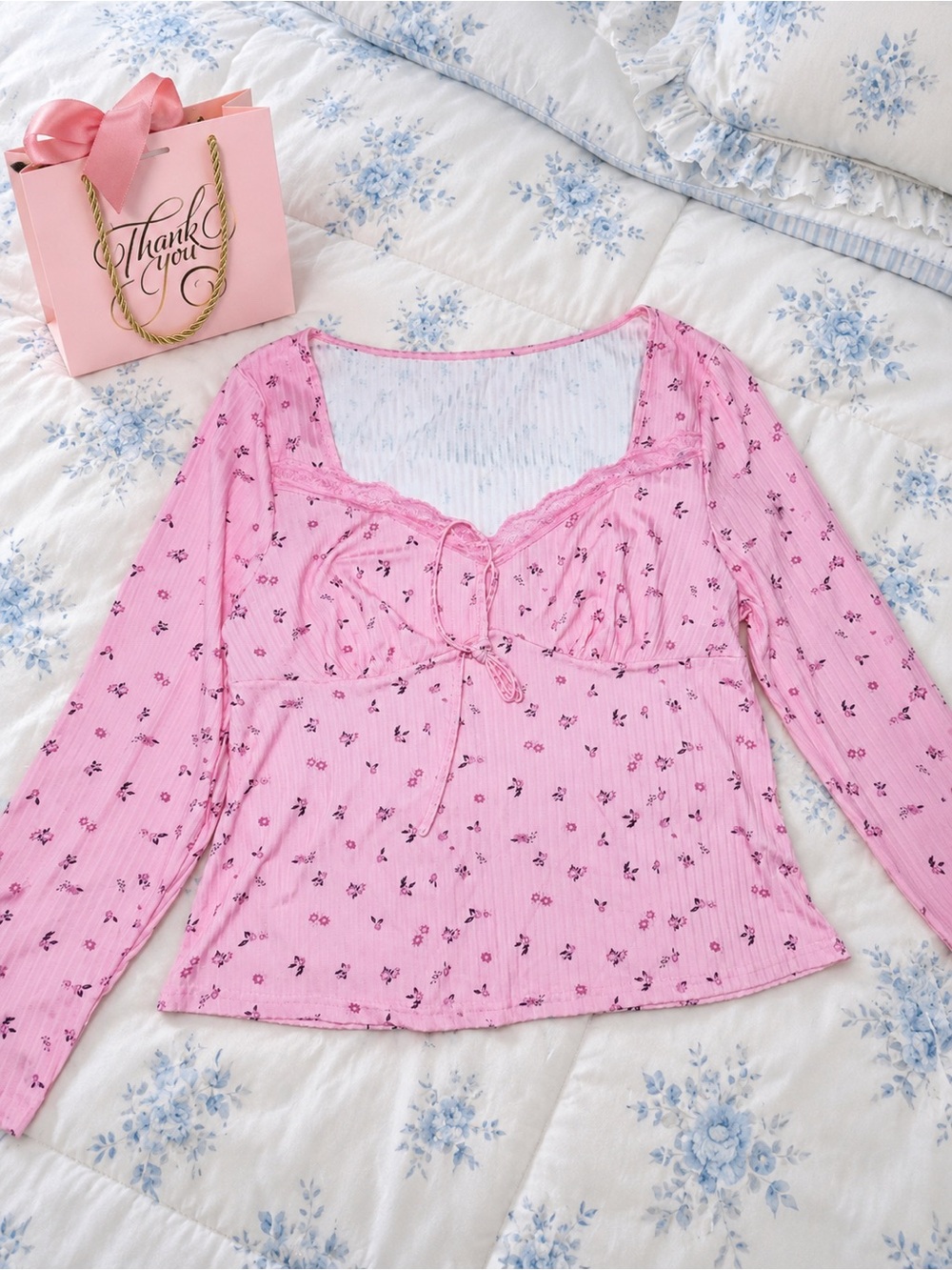 SHEIN Pink Floral Lace-Trim Long Sleeve Sleep Top